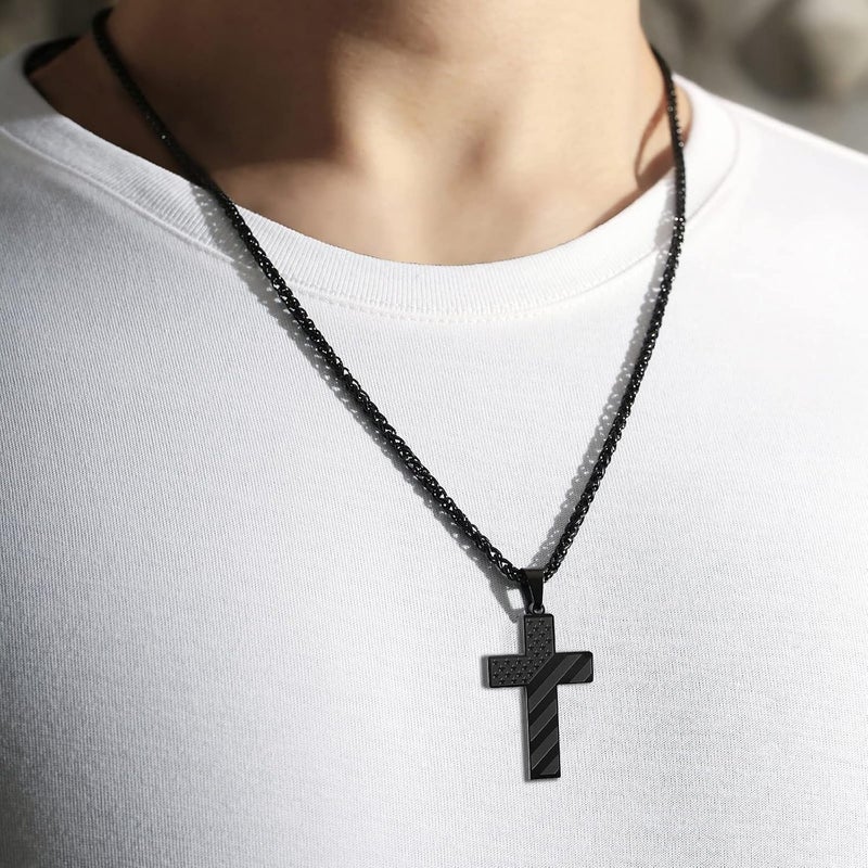 DuoDiner Valentines Day Gifts for Him -24 Inch Cross Necklace for Men Boys Kids Bible Verse American Flag Pendant Baptism Religious First Communion Jewelry Gifts - Image 3